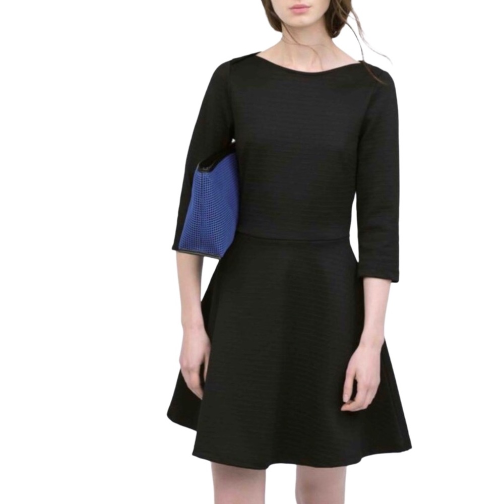 Donna Morgan Black w Gold Shimmer Fit-and-Flare Dress with Three-Quarter Sleeves